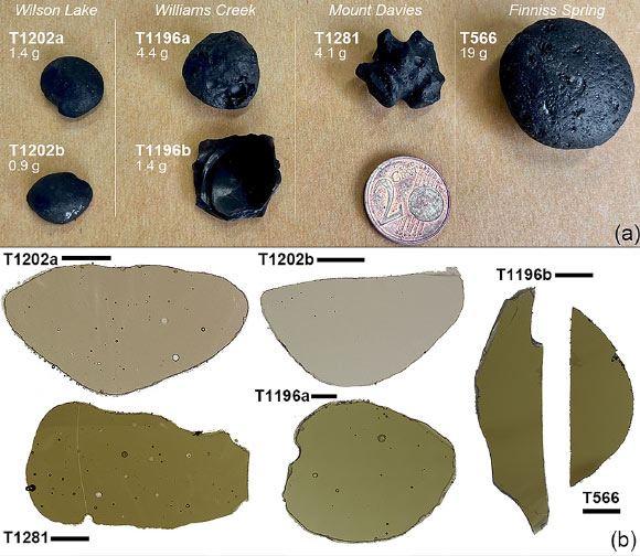 Picture of six tektites studied by Musolino et al. Scale bars - 2 mm. Image credit: Musolino et al., doi: 10.1016/j.epsl.2025.119600.