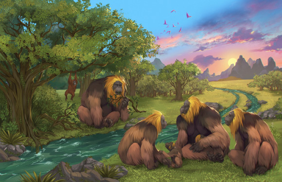 An artist’s impression of a group of Gigantopithecus blacki within a forest in southern China. Image credit: Garcia / Joannes-Boyau, Southern Cross University.