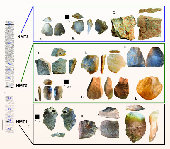 Stone tools recovered from three horizons at the site of Namorotukunan in Kenya. Image credit: Braun et al., doi: 10.1038/s41467-025-64244-x.
