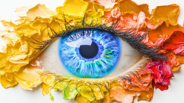 Colorful paint around a bright blue eye