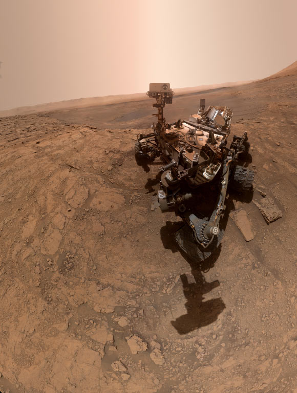 Curiosity rover took this selfie on October 11, 2019. The rover drilled twice in this location, nicknamed Glen Etive. Just left of the rover are the two drill holes, called Glen Etive 1 (right) and Glen Etive 2 (left). Image credit: NASA / JPL-Caltech / MSSS.
