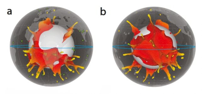 two images of a 3d earth that is transparent so lower mantle features are visible, including blobs and plumes in red and yellow.