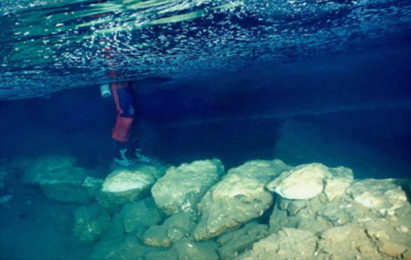 The 5,600-year-old submerged stone bridge in Genovesa Cave, Mallorca, Spain. Image credit: R. Landreth.