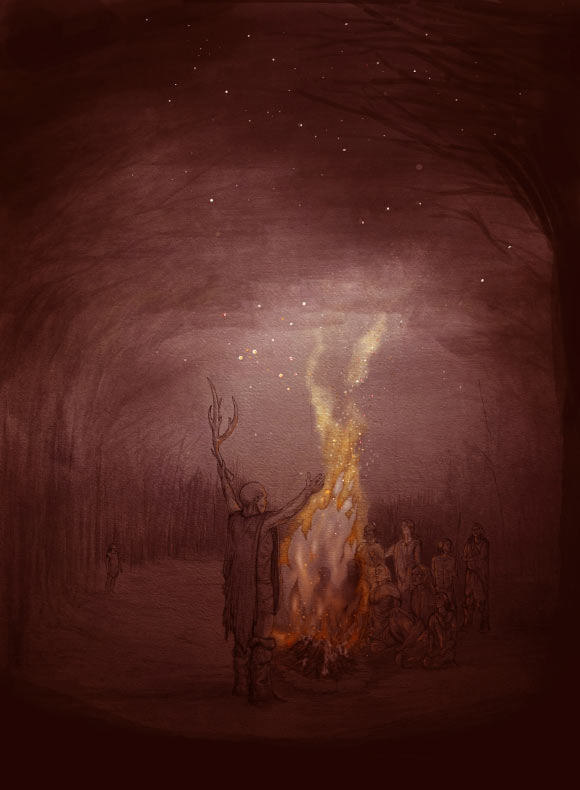 An artist’s impression of fire at Barnham around 400,000 years ago. Image credit: Craig Williams / The Trustees of the British Museum.