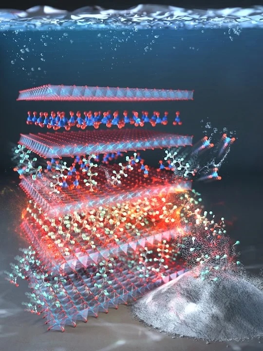 An artist's rendition depicting the layered structure of the filter material interacting with PFAS in water.