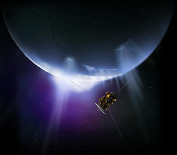 An artist’s impression of NASA’s Cassini spacecraft flying through plumes erupting from the south pole of Enceladus; these plumes are much like geysers and expel a combination of water vapor, ice grains, salts, methane and other organic molecules. Image credit: NASA / JPL-Caltech.