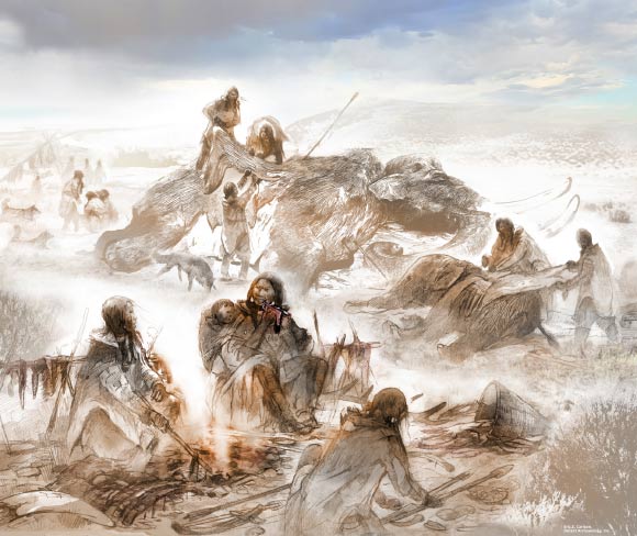 An artist’s reconstruction of Clovis life 13,000 years ago shows the Anzick-1 infant with his mother consuming mammoth meat near a hearth. Another individual crafts tools, including dart projectile points and atlatls. A mammoth butchery area is visible nearby. Image credit: Eric Carlson / Ben Potter / Jim Chatters.