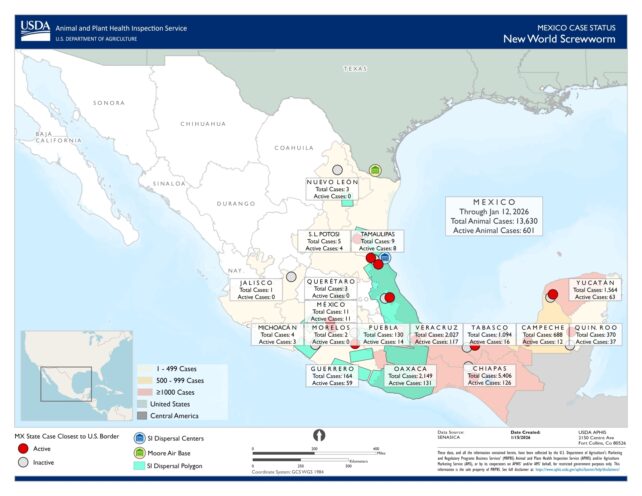 Map illustrating active New World screwworm cases in Mexico as of January 15, 2026.