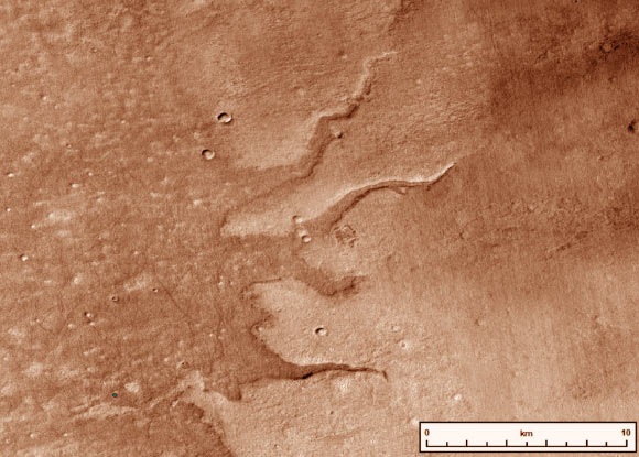 This image shows a suite of fluvial ridges on Mars (at –67.64 °E, 43.37 °S). Image credit: J. Dickson.