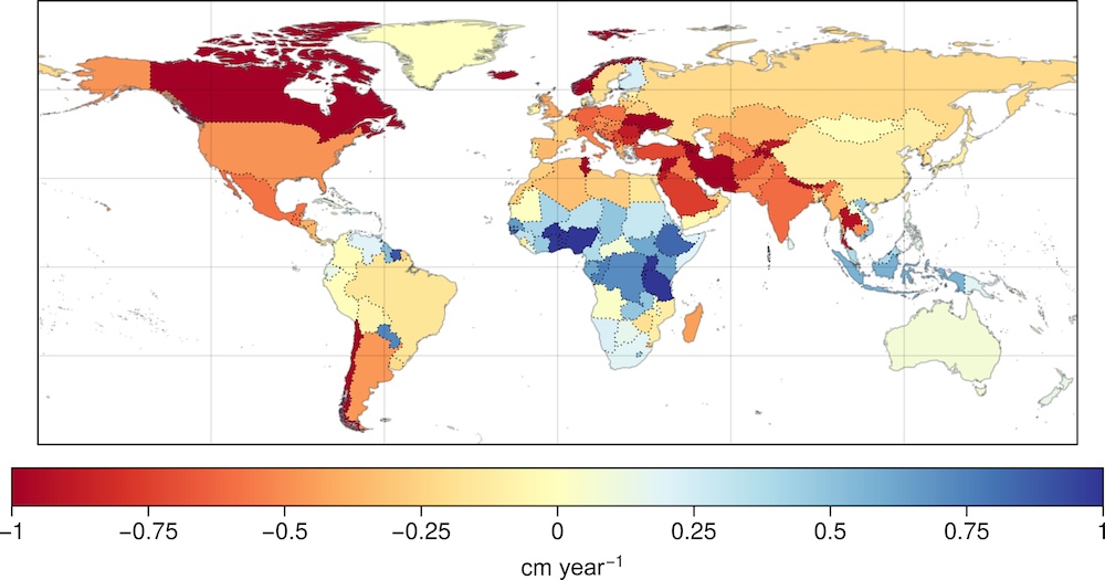 a map of the world color coded by terrestrial water storage trends, redder colours mean less terrestrial water, bluer colors mean more. most countries are yellow to red.