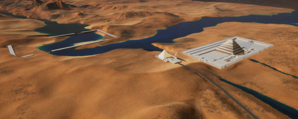 Map of the Saqqara plateau showing the water course from the Gisr el-Mudir dam (left) to the water treatment facility near Djoser pyramid. The water is then transferred to the pyramid’s network of pipes to power the hydraulic elevator. Image credit: Landreau et al., doi: 10.1371/journal.pone.0306690.