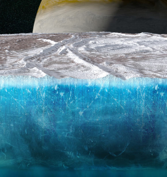 This artist’s concept depicts a cutaway view showing Europa’s ice shell. Image credit: NASA / JPL-Caltech / SwRI / Koji Kuramura / Gerald Eichstädt.