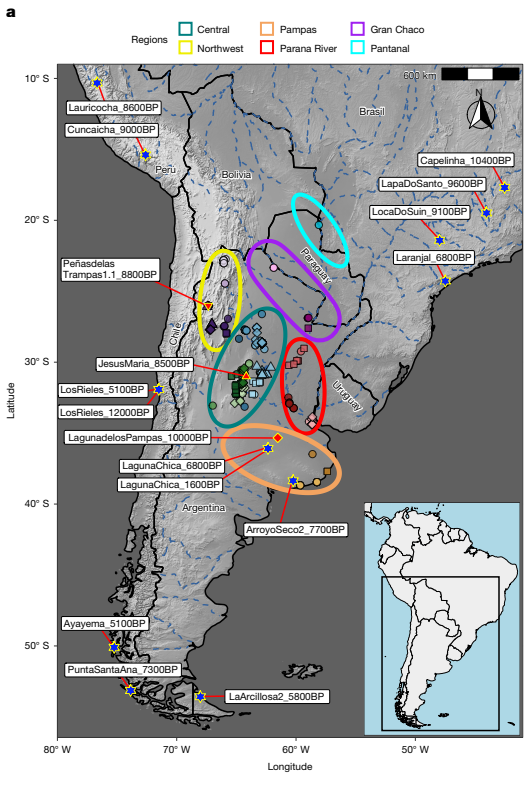 a map of the central southern cone of south america showing the locations where ancient dna was found
