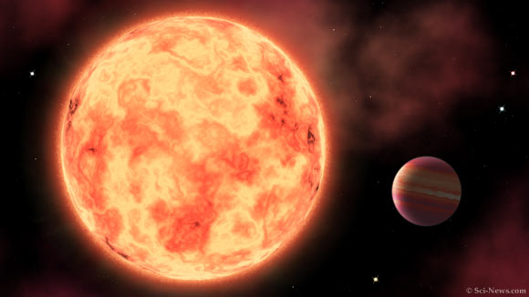 An artist’s impression of a gas-giant exoplanet and its parent red dwarf star. Image credit: Sci.News.