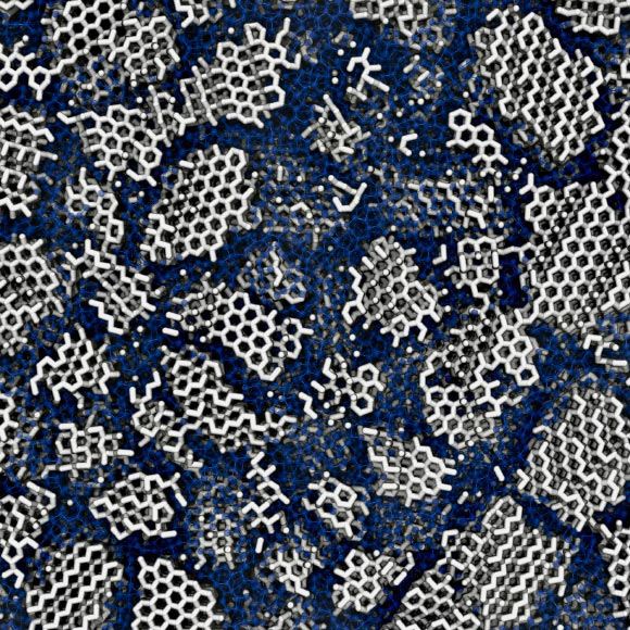 The structure of low-density amorphous ice: many tiny crystallites (white) are concealed in the amorphous material (blue). Image credit: Michael B. Davies, UCL & University of Cambridge.