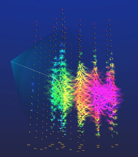 Visual impression of the ultra-high energy neutrino event observed in KM3NeT/ARCA. Image credit: KM3NeT.