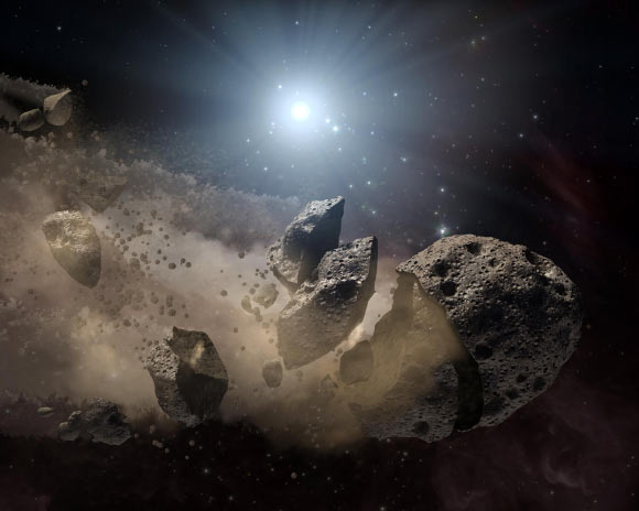 The disintegration of a substantial celestial body in the primary asteroid belt.