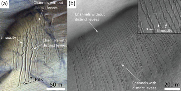 Two examples of Martian dunes with linear dune gullies: (a) linear dune gullies on a dune field in Galle crater; (b) linear dune gullies on a dune field in an unnamed crater in the center of Hellas Planitia. Image credit: Roelofs et al., doi: 10.1029/2024GL112860.