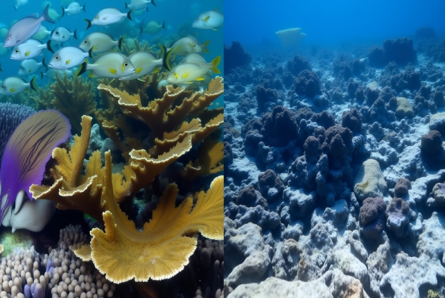 Healthy reef on the left next to a dead reef on the right