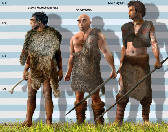 A Homo heidelbergensis, a Neanderthal and a Cro-Magnon. Image credit: SINC / José Antonio Peñas.