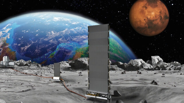 A conceptual depiction of the Fission Surface Power Project situated on the lunar landscape, with Earth and Mars visible in the background. The lunar terrain is characterized by its grey, rocky composition.