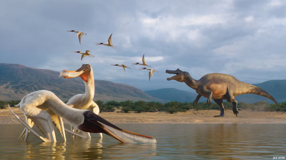 Artistic reconstruction of the filter-feeding pterosaur Barikibu waridza in the Early Cretaceous Romualdo Formation environment; the spinosaurid dinosaur in the background represents the putative predator that hunted Barikibu waridza. Image credit: Julio Lacerda.