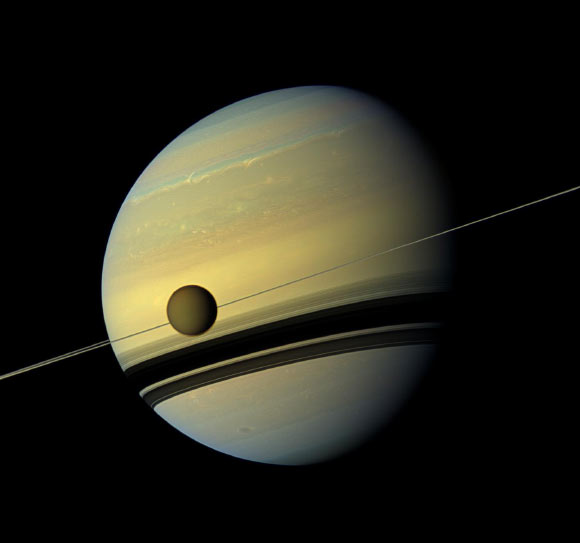 This mosaic of Saturn and its largest moon Titan combines six images -- two each of red, green and blue spectral filters -- to create this natural color view. The images were obtained with Cassini’s wide-angle camera on May 6, 2012, at a distance of approximately 778,000 km (483,000 miles) from Titan. Image credit: NASA / JPL-Caltech / Space Science Institute.