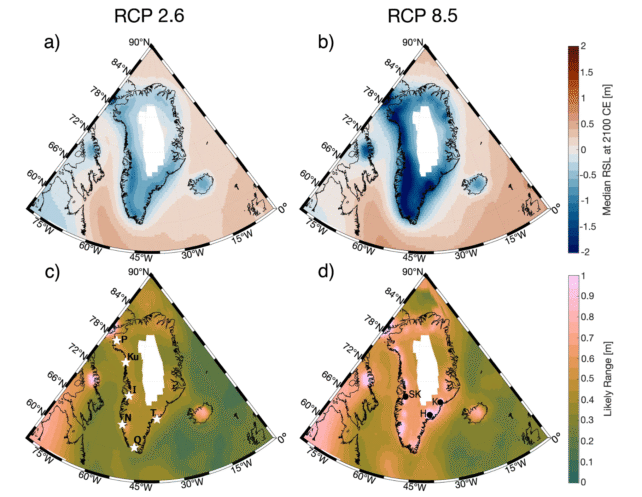 diagrams showing sea level decrease in greenland under low- and high-emissions scenarios by the year 2100. 