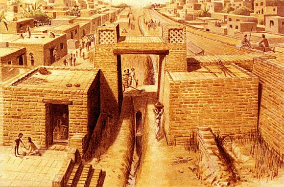 An artist’s reconstruction of the gateway and drain at the ancient city of Harappa. Image credit: Chris Sloan.