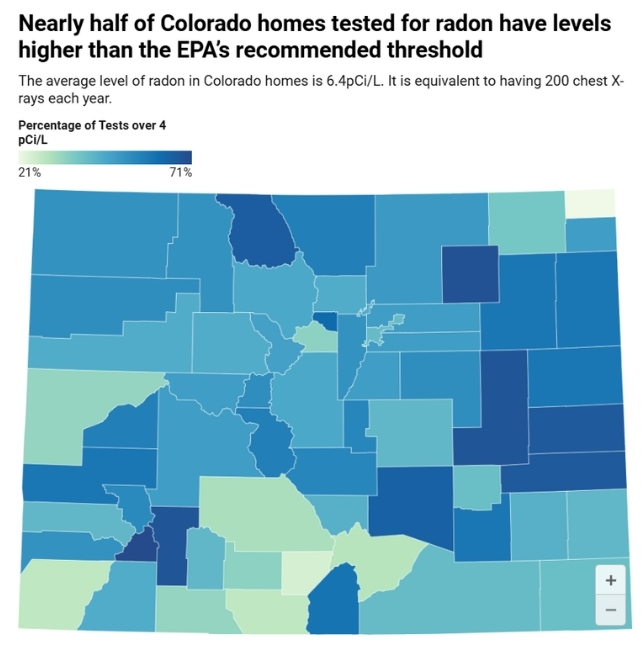 Map illustrating radon exposure levels in Colorado