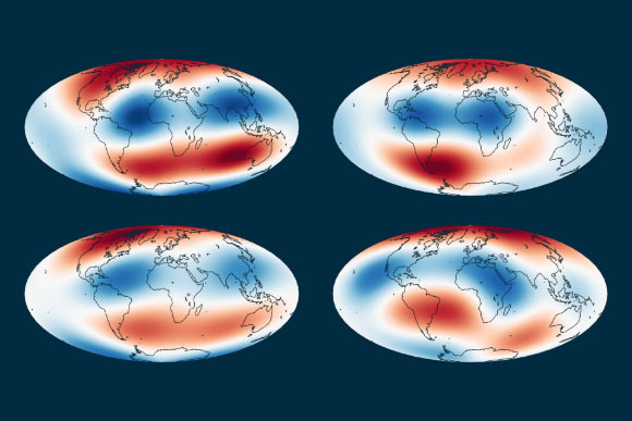 Two immense masses of solid, superheated material residing at the lower boundary of Earth’s mantle exert an influence on the liquid outer core beneath them. Image courtesy of Biggin et al., doi: 10.1038/s41561-025-01910-1.