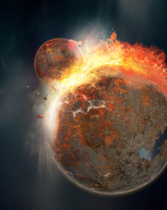 Yuan et al. suggest that LLVPs are remnants of the ancient protoplanet Theia that violently collided with Earth billions of years ago in the same giant impact that created our Moon. Image credit: Hernán Cañellas.