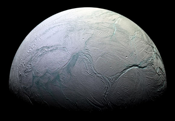 NASA’s Cassini spacecraft captured this stunning mosaic of Enceladus on October 5, 2008 as the spacecraft sped away from this geologically active moon of Saturn. Image credit: NASA / JPL / Space Science Institute.