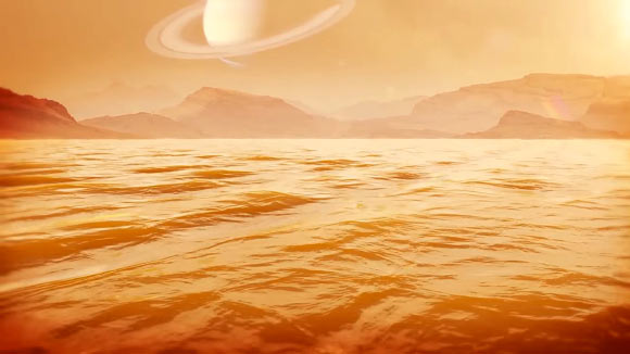 An artistic rendering of Kraken Mare, a large liquid methane sea on Titan. Image credit: NASA’s John Glenn Research Center.