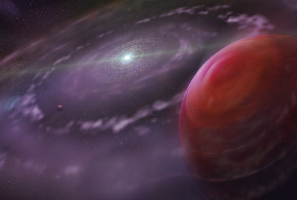 Artist's rendering of the planetary system HR 8799 at an early stage in its evolution, showing the planet HR 8799c, a disk of gas and dust, and interior planets (Dunlap Institute for Astronomy & Astrophysics / Mediafarm)