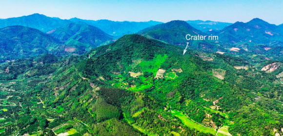 Panoramic aerial drone image of the Jinlin crater, taken on May 12, 2025. Image credit: Chen et al., doi: 10.1063/5.0301625.