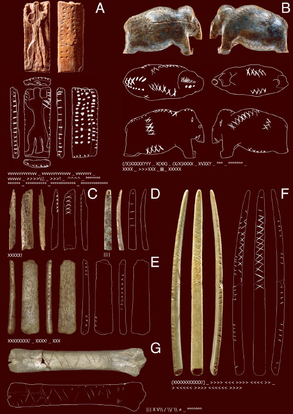 Mobile artifacts with geometric signs from the Swabian Aurignacian. Image credit: Christian Bentz & Ewa Dutkiewicz, doi: 10.1073/pnas.2520385123.