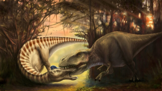 Illustration of a T. rex biting another dinosaur on the head, in a jungle setting