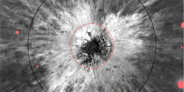 Ejecta patterns surrounding a new lunar crater.