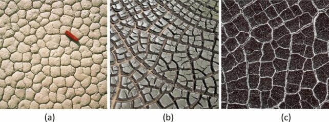 A composite of three images depicting fractured ground exhibiting polygonal arrangements