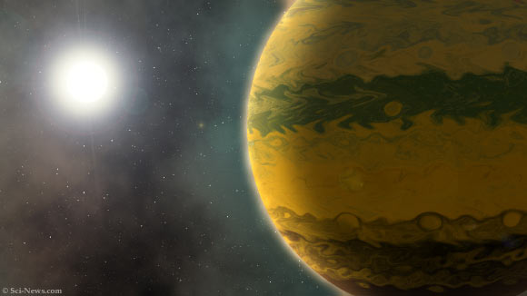 An artist’s impression of the warm giant exoplanet TOI-201b and its parent star. Image credit: Sci.News.
