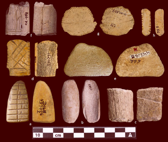Diagnostic and probable prehistoric Native American dice: (a, d) Signal Butte, Nebraska (Middle Holocene); (b) Agate Basin, Wyoming (Early Holocene); (c, f) Agate Basin, Wyoming (Late Pleistocene); (e, g) Lindenmeier, Colorado (Late Pleistocene); (h) Irvine, Wyoming (Late Holocene). Image credit: Division of Anthropology, Smithsonian Institution, American Museum of Natural History / Department of Anthropology, University of Wyoming.