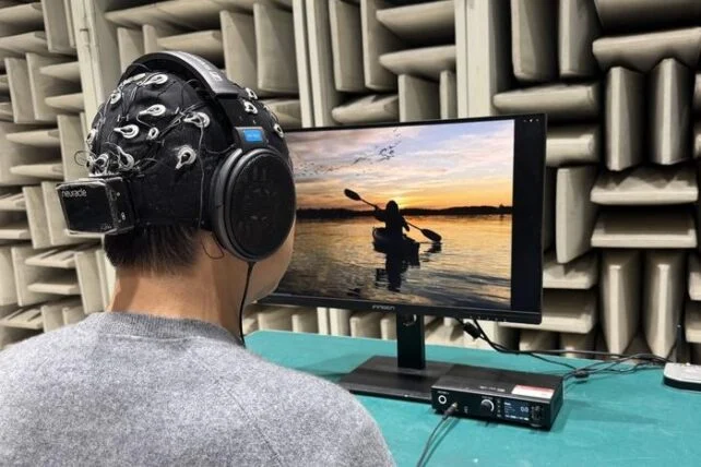 A participant observes a visual representation of a canoe being paddled while listening for the associated splashing sound.
