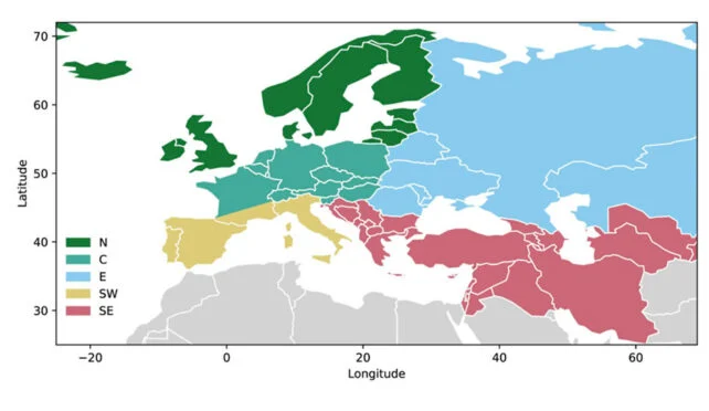 A map of Europe and western Asia, with regions marked in five colors. Countries span Iceland and Russia in the north to Spain and Iran in the south