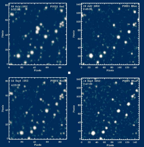 Four exposures of the 3 x 3 arcmin region of sky centered on the triple transient identified in July 1952. Upper left: the POSS I red image on July 19, 1952 at 8:52 (UT) containing the triple transient just above center. Upper right: a 10 m exposure POSS I blue image of the same region taken immediately afterward with no evidence of the triple transient. Lower left and right: POSS I red (left) and blue (right) images taken two months later (September 14, 1952) showing the transient still gone. Image credit: Solano et al., doi: 10.1093/mnras/stad3422.