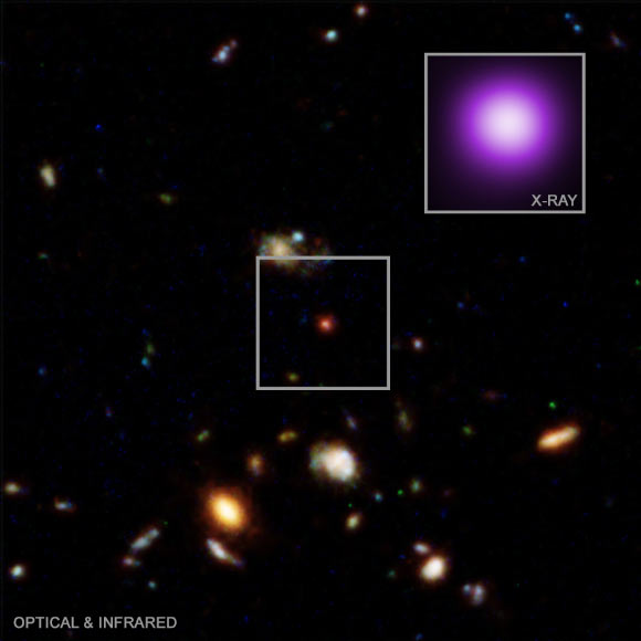 Optical and infrared imagery from the Hubble telescope delineates the vicinity of the X-ray point source, while the Chandra X-ray image provides an amplified view. Image attribution: NASA / CXC / Max Plank Inst / Hviding et al. / ESA / STScI / HST / CXC / SAO / N. Wolk.