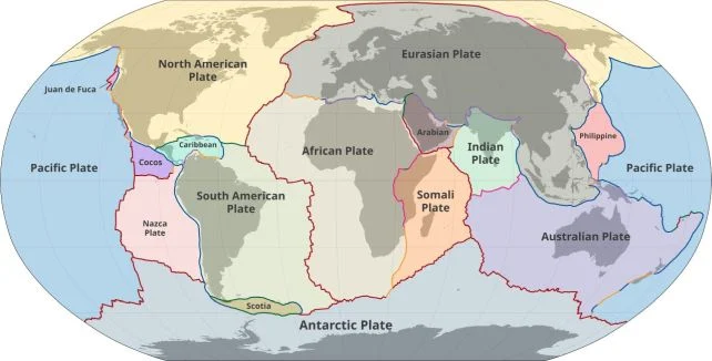 A depiction of Earth's current tectonic plate configuration.