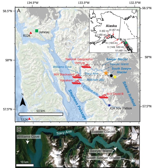 Map showing the location of Tracy Arm fjord and seismic monitoring stations.
