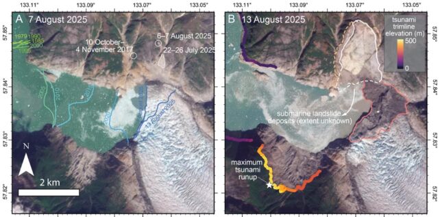 Before and after images showing the Tracy Arm fjord landscape.