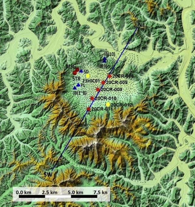 A map of the Jeokjung-Chogye Basin, with the studied sites marked.